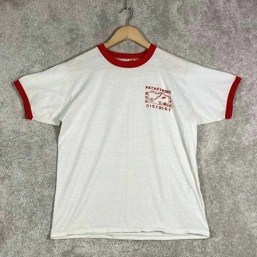 Vintage 70s Russell Athletic BSA Pathfinder District Ringer T Shirt White Red M - Picture 1 of 13